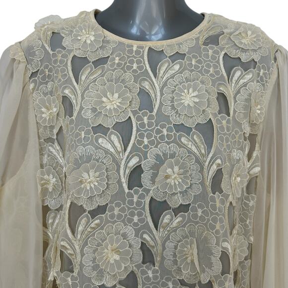 Vintage Chiffon Floral Dress Cream 3D Applique Flowers Sheer Women's Size Large - Picture 3 of 10